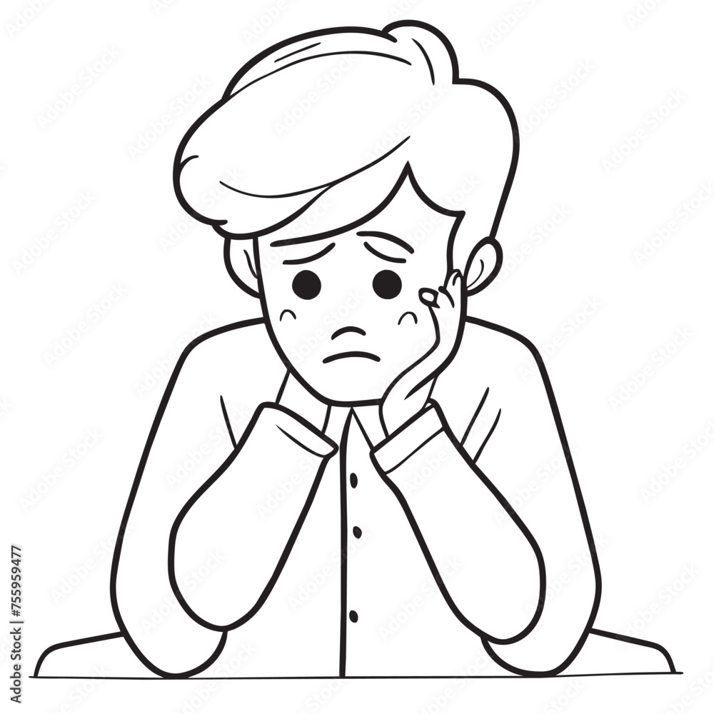 worried person with worried expression, vector illustration line art