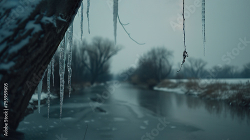icicles hanging from the branches of a tree next to a body of water on a foggy winter day. photo