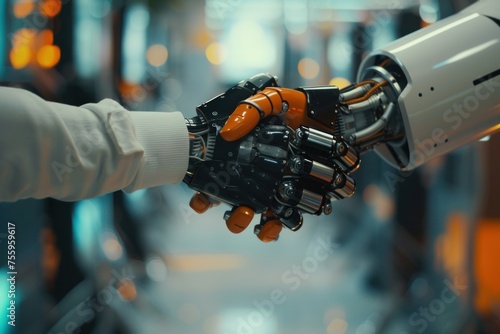 A robot hand shakes a human hand in a research lab