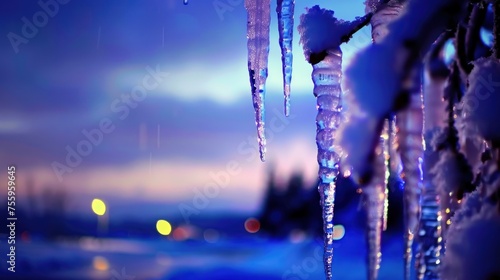 a group of icicles hanging from a tree next to a body of water with a city in the background. photo