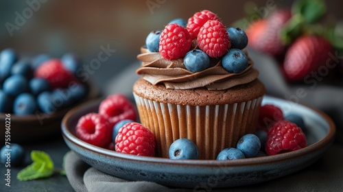 a close up of a cupcake on a plate with raspberries and blueberries on top of it.