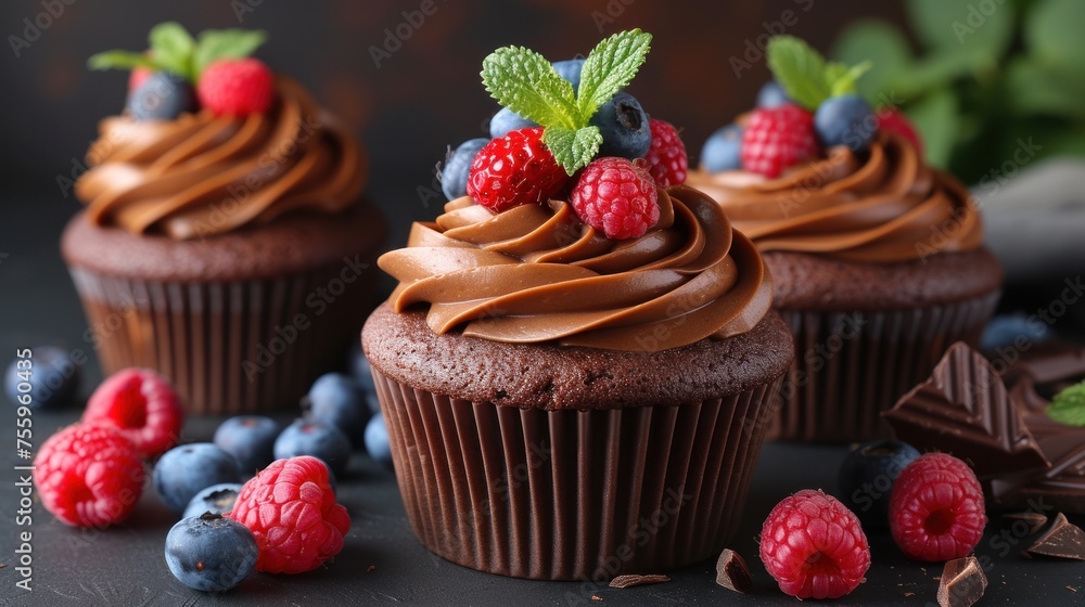 three chocolate cupcakes with chocolate frosting, raspberries, and blueberries on a black surface.