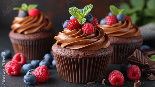 three chocolate cupcakes with chocolate frosting, raspberries, and blueberries on a black surface. photo