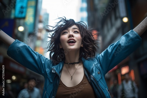 A woman joyfully raises her arms in the air, expressing happiness and triumph.