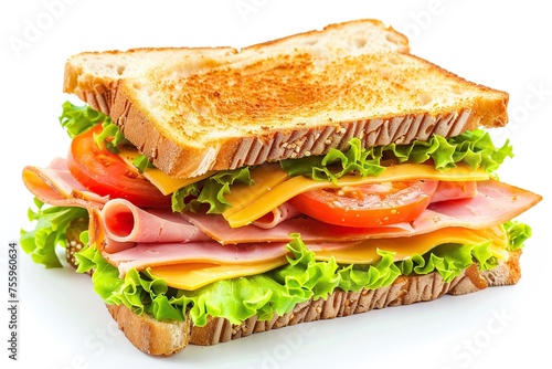 Toast sandwich with cheese, turkey ham, tomato and fresh lettuce on white background