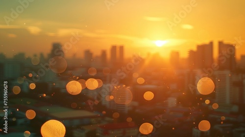 Cityscape at sunset through a window, perfect for urban themes.