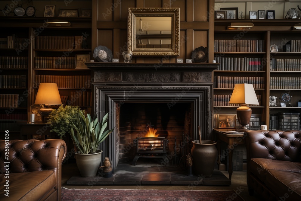 A fully furnished living room with various furniture pieces surrounding a fireplace. A fully furnished living room with various furniture pieces surrounding a fireplace.