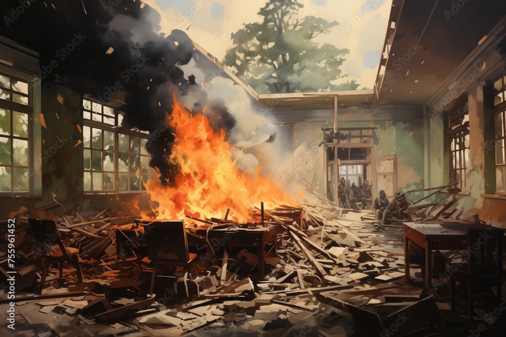 A painting depicting a raging fire consuming a building, showing flames, smoke, and destruction.