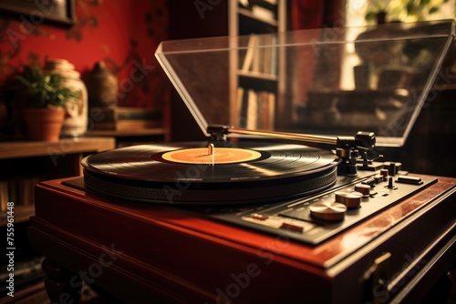 Closeup of a vintage record player turntable inside a cozy room.