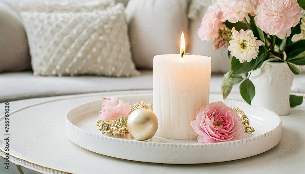 Candles on a wooden table, Minimalism, Luxurious white tray decoration, home interior decor with burning aroma candle with white dry flower