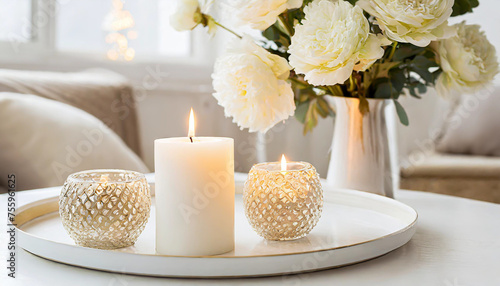 Candles on a wooden table, Minimalism, Luxurious white tray decoration, home interior decor with burning aroma candle with white dry flower