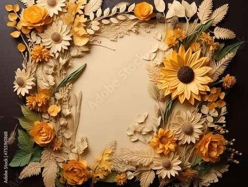 A picture frame constructed entirely out of a variety of colorful flowers and lush green leaves, forming a vibrant and eye-catching border.