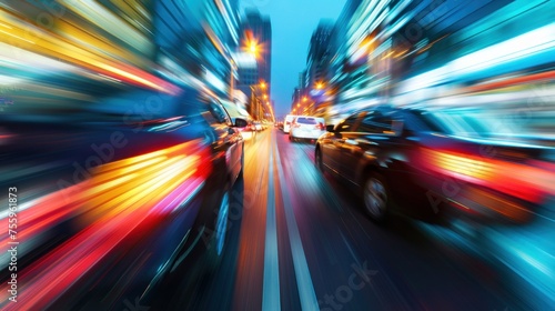 A blurry image of a busy city street with cars and a car driving down the road. The image has a sense of motion and energy, as if it's capturing a moment in time when everything is in motion