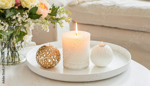 Candles on a wooden table  Minimalism  Luxurious white tray decoration  home interior decor with burning aroma candle with white dry flower