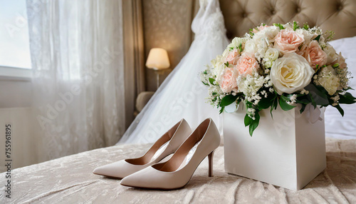 Luxury wedding dress in white box, beige women's shoes and bridal bouquet on bed, copy space. Bridal morning preparations. Wedding concept