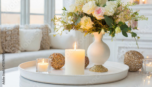 Candles on a wooden table, Minimalism, Luxurious white tray decoration, home interior decor with burning aroma candle with white dry flower