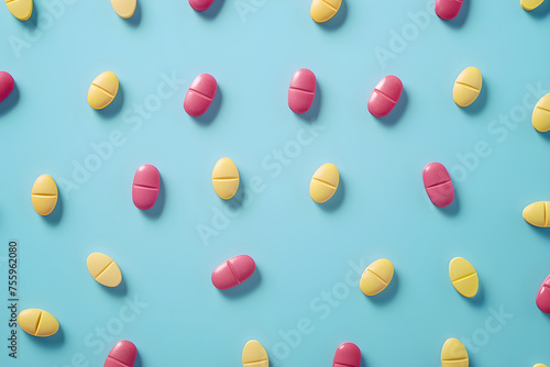 Colored capsules on a blue background. Banner template for advertising vitamins, medicines, healthy lifestyle, microelements