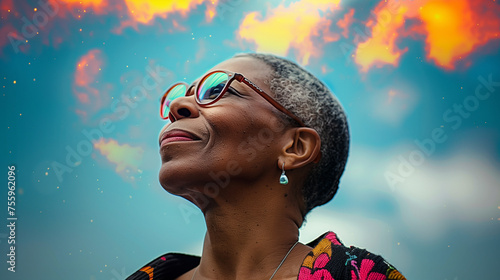 Elderly Woman Gazing Upward With Hope During a Vibrant Sunset