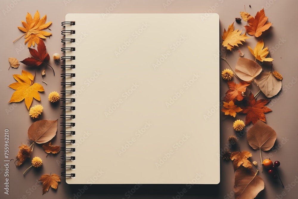 Fototapeta premium An open notebook lies on a surface, surrounded by various colorful flowers and leaves around it.