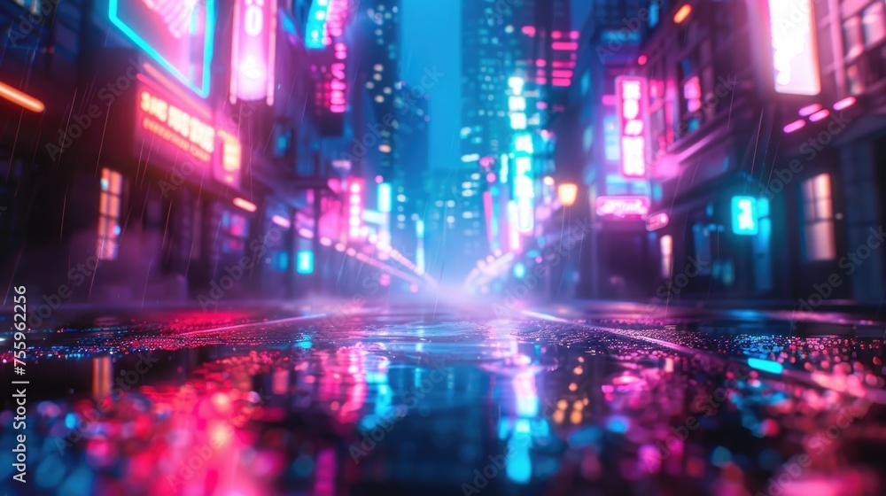 Urban city street at night with vibrant neon lights. Perfect for urban nightlife or cityscape concepts.