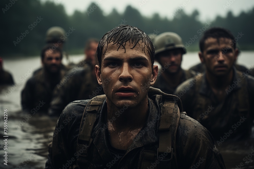 A group of men standing in the water, with waves gently breaking around them. A group of men standing in the water, with waves gently breaking around them.