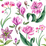 Watercolor blooming seamless pattern on a white background