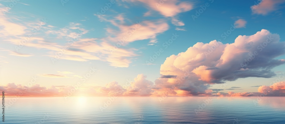 The sun is piercing through the cumulus clouds in the sky, casting a warm afterglow over the ocean waters, creating a picturesque natural landscape at dusk
