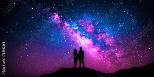 Two individuals standing on a hill, under a night sky filled with stars
