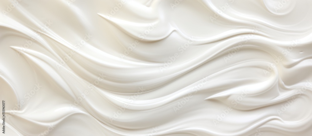 A close up of a silky white buttercream texture, resembling the pattern of soft linens. Made with dairy ingredients, perfect for desserts and cuisine - obrazy, fototapety, plakaty 