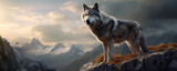 Majestic grey wolf standing on a peak