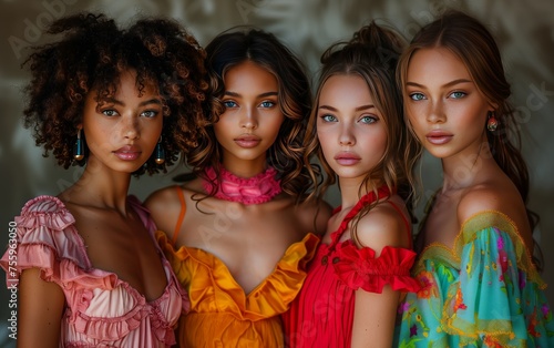 quattro giovani modelle di diversa etnia vestite con abiti leggeri dai colori molto accesi photo