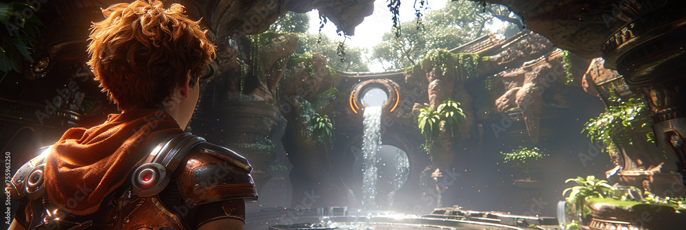 A man stands in front of a powerful waterfall in nature