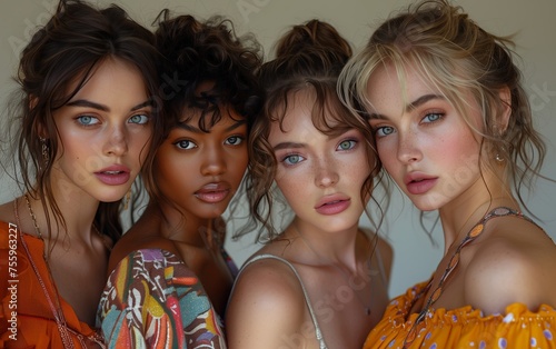 quattro giovani modelle di diversa etnia vestite con abiti leggeri e colorati