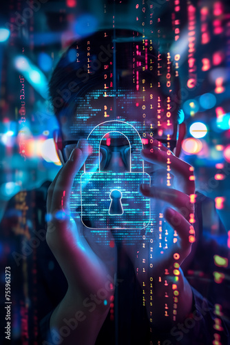 Cybersecurity and data protection concept. Creative background of network security and cyber technology. Online information encryption. Data care center.