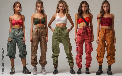 cinque giovani modelle di diversa etnia figura intera vestite con top, pantaloni larghi e scarponi colorati photo