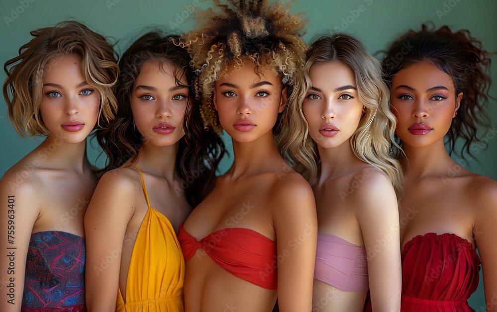 Fototapeta premium cinque giovani modelle di diversa etnia vestite con tessuti colorati leggeri