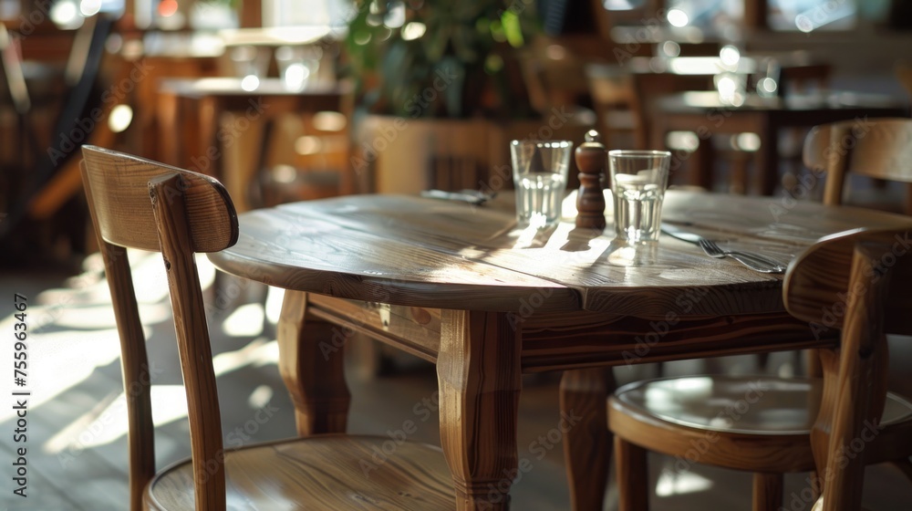A wooden table with two glasses on it. Suitable for various dining and hospitality concepts.