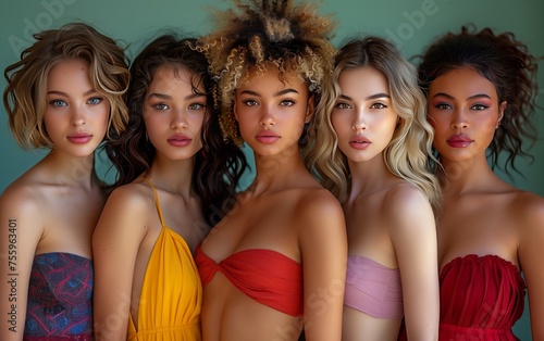 cinque giovani modelle di diversa etnia vestite con tessuti colorati leggeri