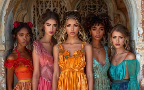 cinque giovani modelle di diversa etnia vestite con abiti colorati sgargianti
