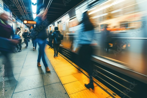 A photo capturing the movement of people walking on a subway platform.