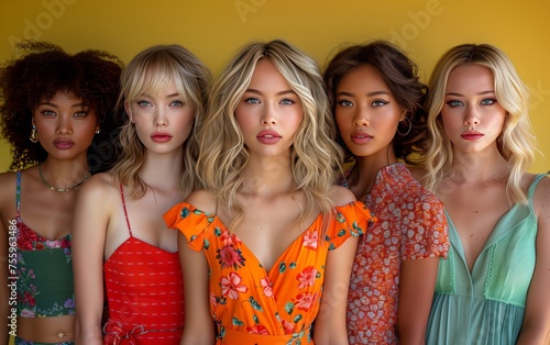 cinque giovani modelle di diversa etnia vestite con abiti primaverili colorati