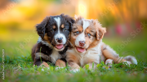 two australian shepherd puppies playing in a garden