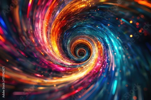 A spiral of colors and light with a hole in the middle. The spiral is made up of many different colors and is moving