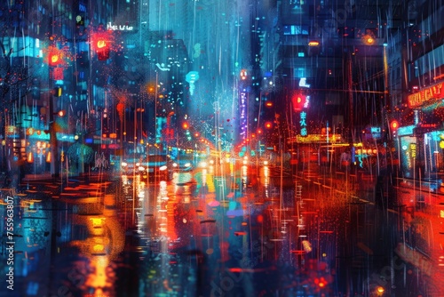 A bustling city street at night  illuminated by the soft glow of streetlights and neon signs  with the rain creating a glistening reflection on the wet pavement