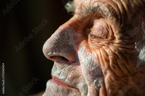 A serene elderly man with deep wrinkles on his face exudes wisdom and experience, his features etched with the passage of time © Konstiantyn Zapylaie