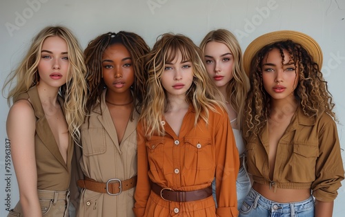 cinque giovani modelle di diversa etnia vestite con abiti dai colori autunnali