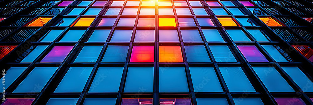 Sunlight shines through the windows of a vibrant multicolored building Sunlight shines through the windows of a vibrant multicolored building
