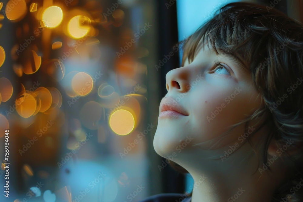 A young boy stands beneath the open sky, his eyes locked upward in awe and wonder at the vast expanse above him A young boy stands beneath the open sky, his eyes locked upward in awe and wonder at the vast expanse above him