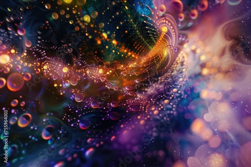 A vibrant and lively composition of colorful abstract bubbles bursting with energy and shimmering with fractal patterns  creating a mesmerizing display of light and movement