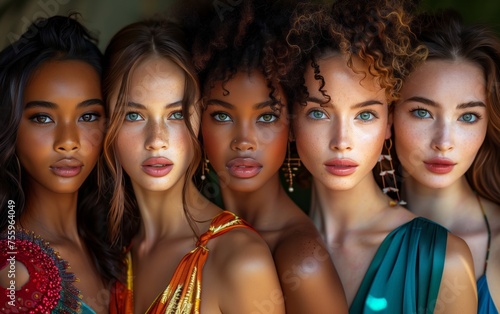 cinque giovani modelle di diversa etnia vestite con abiti leggeri photo